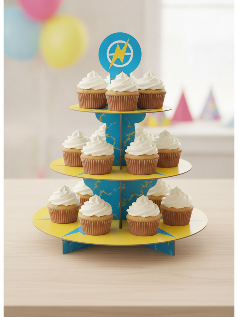 3 Tier Treat Stand Cupcake & Treat Display - Blue and Yellow Lightning Design